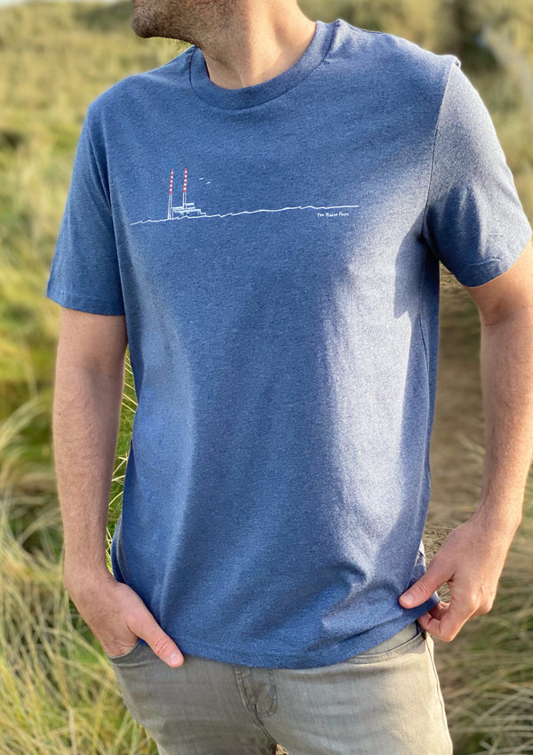 Poolbeg Chimneys / Pigeon House (Dark Heather Blue)-100% Organic cotton t-shirt